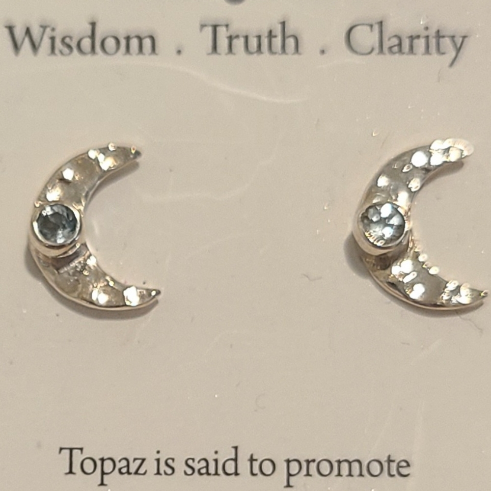 STERLING SILVER HAMMERED MOON STUD EARRINGS WITH GENUINE BLUE TOPAZ GEMSTONES